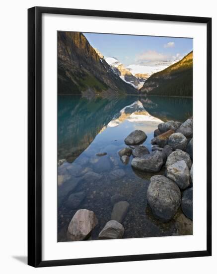 Rocky Mountains and Boulders Reflected in Lake Louise, Banff National Park, Alberta, Canada-Larry Ditto-Framed Photographic Print