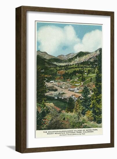 Rocky Mt. National Park, Colorado, Aerial View of Mountain Surrounded Estes Park-Lantern Press-Framed Art Print
