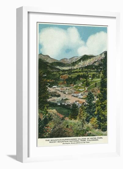 Rocky Mt. National Park, Colorado, Aerial View of Mountain Surrounded Estes Park-Lantern Press-Framed Art Print