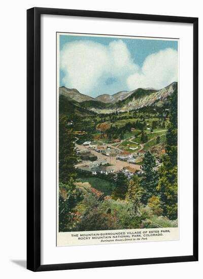 Rocky Mt. National Park, Colorado, Aerial View of Mountain Surrounded Estes Park-Lantern Press-Framed Art Print