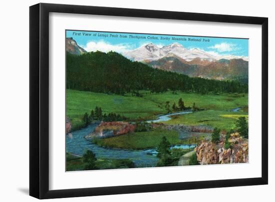 Rocky Mt. National Park, Colorado - View of Long's Peak from Thompson Canyon, c.1938-Lantern Press-Framed Art Print