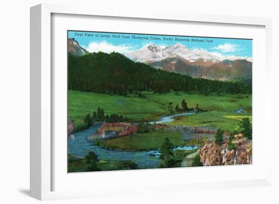 Rocky Mt. National Park, Colorado - View of Long's Peak from Thompson Canyon, c.1938-Lantern Press-Framed Art Print