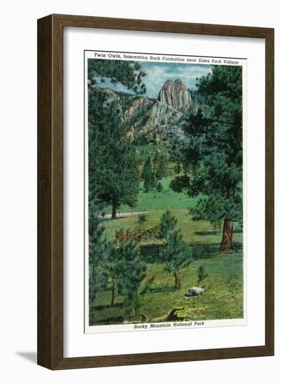 Rocky Mt. National Park, Colorado - View of the Twin Owls Rock Formation Near Estes Park, c.1938-Lantern Press-Framed Art Print