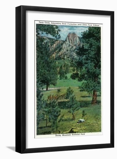 Rocky Mt. National Park, Colorado - View of the Twin Owls Rock Formation Near Estes Park, c.1938-Lantern Press-Framed Art Print