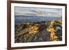 Rocky shore near Catacol looking out across the Kilbrannan Sound to Mull of Kintyre, Isle of Arran,-Gary Cook-Framed Photographic Print