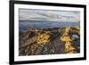 Rocky shore near Catacol looking out across the Kilbrannan Sound to Mull of Kintyre, Isle of Arran,-Gary Cook-Framed Photographic Print