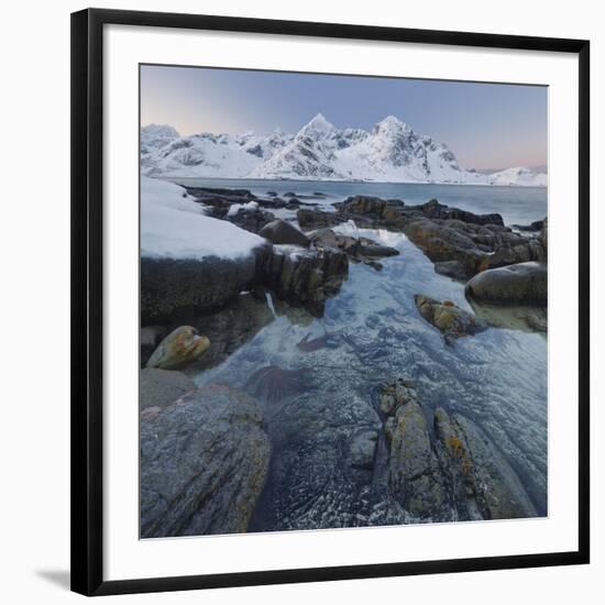 Rocky Shore Next to Vareid (Village) in Direction to Flakstad (Municipality), Stortinden (Mountain-Rainer Mirau-Framed Photographic Print