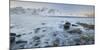 Rocky Shore with Vareid (Village) Direction Flakstad (Municipality), Stortinden (Mountain), Lofoten-Rainer Mirau-Mounted Photographic Print