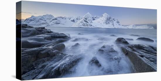 Rocky Shore with Vareid (Village) Direction Flakstad (Municipality), Stortinden (Mountain), Lofoten-Rainer Mirau-Stretched Canvas