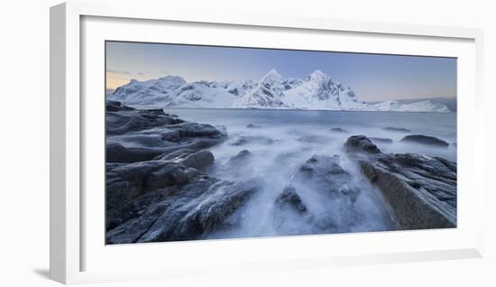 Rocky Shore with Vareid (Village) Direction Flakstad (Municipality), Stortinden (Mountain), Lofoten-Rainer Mirau-Framed Photographic Print