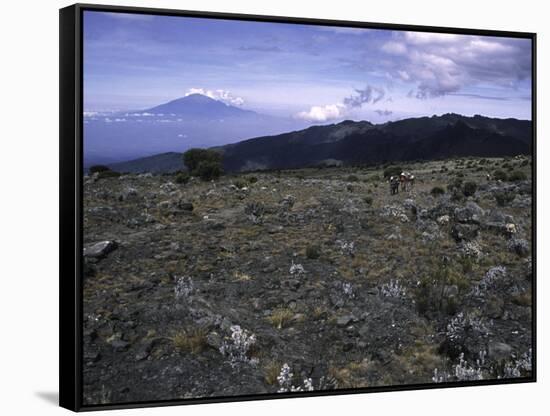 Rocky Terrain with Mountain in the Distance, Kilimanjaro-Michael Brown-Framed Stretched Canvas