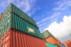 Stack of Cargo Containers at Sunrise in an Intermodal Yard-rodho-Photographic Print