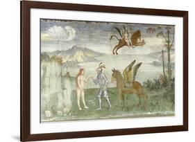 Roger Delivering Angelica. Anonymous artist, 1550. Palazzo Besta, Hall of the Creation, Teglio.-null-Framed Art Print