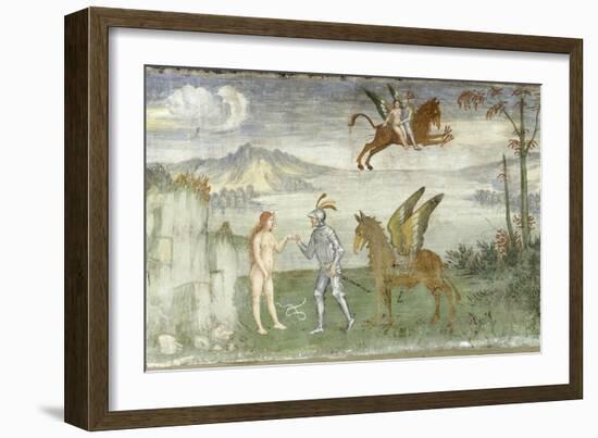 Roger Delivering Angelica. Anonymous artist, 1550. Palazzo Besta, Hall of the Creation, Teglio.-null-Framed Art Print