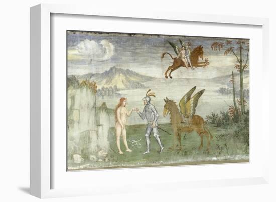 Roger Delivering Angelica. Anonymous artist, 1550. Palazzo Besta, Hall of the Creation, Teglio.-null-Framed Art Print