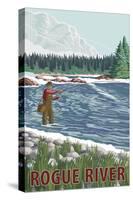 Rogue River, Oregon - Fly Fisherman-Lantern Press-Stretched Canvas