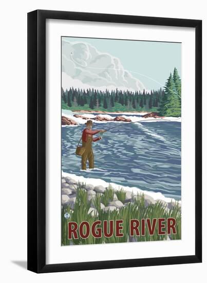 Rogue River, Oregon - Fly Fisherman-Lantern Press-Framed Art Print