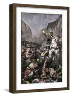 Roland Blowing His Warhorn in Battle Against the Saracens at Roncesvalle, 789 AD-null-Framed Giclee Print