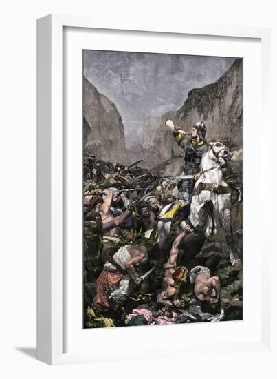 Roland Blowing His Warhorn in Battle Against the Saracens at Roncesvalle, 789 AD-null-Framed Giclee Print