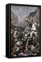Roland Blowing His Warhorn in Battle Against the Saracens at Roncesvalle, 789 AD-null-Framed Stretched Canvas