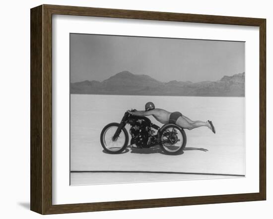 Roland Free Breaking World's Speed Record on Bonneville Salt Flats While Laying on His Bike-Peter Stackpole-Framed Premium Photographic Print