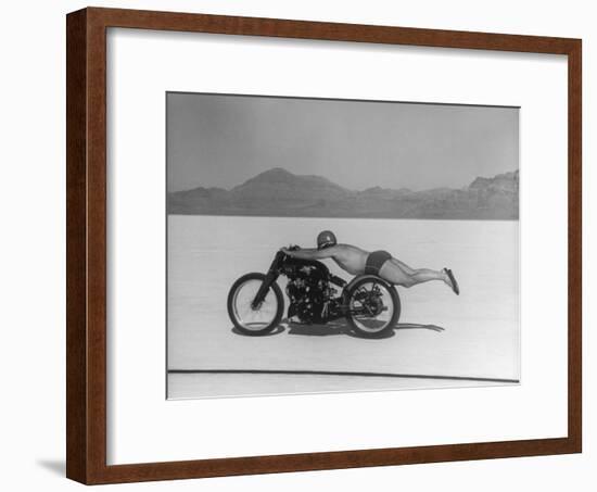 Roland Free Breaking World's Speed Record on Bonneville Salt Flats While Laying on His Bike-Peter Stackpole-Framed Premium Photographic Print