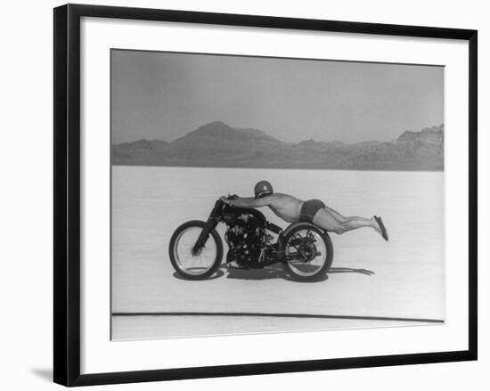 Roland Free Breaking World's Speed Record on Bonneville Salt Flats While Laying on His Bike-Peter Stackpole-Framed Premium Photographic Print