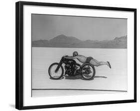 Roland Free Breaking World's Speed Record on Bonneville Salt Flats While Laying on His Bike-Peter Stackpole-Framed Premium Photographic Print