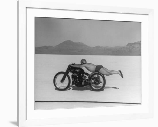 Roland Free Breaking World's Speed Record on Bonneville Salt Flats While Laying on His Bike-Peter Stackpole-Framed Premium Photographic Print