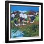 Rollicking Roosters, 2024 (Acrylics on Linen)-Lisa Graa Jensen-Framed Giclee Print