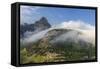 Rolling fog clouds with Heavy Runner and Reynold Mountains at Logan Pass in Glacier National Park-Chuck Haney-Framed Stretched Canvas