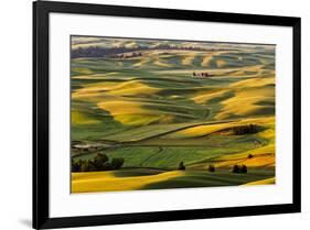 Rolling landscape of wheat fields and distant red barn viewed from Steptoe Butte, Palouse farming r-Adam Jones-Framed Photographic Print