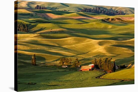 Rolling landscape of wheat fields and distant red barn viewed from Steptoe Butte, Palouse farming r-Adam Jones-Stretched Canvas