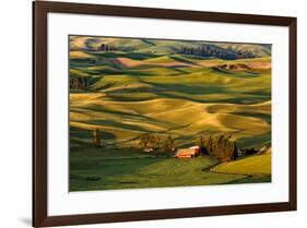 Rolling landscape of wheat fields and distant red barn viewed from Steptoe Butte, Palouse farming r-Adam Jones-Framed Photographic Print