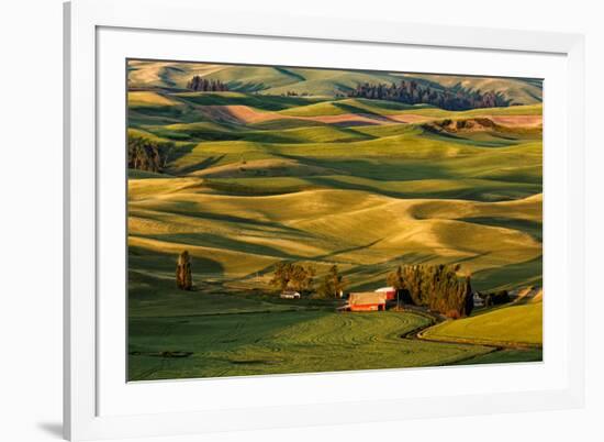 Rolling landscape of wheat fields and distant red barn viewed from Steptoe Butte, Palouse farming r-Adam Jones-Framed Photographic Print