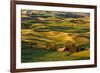 Rolling landscape of wheat fields and distant red barn viewed from Steptoe Butte, Palouse farming r-Adam Jones-Framed Photographic Print