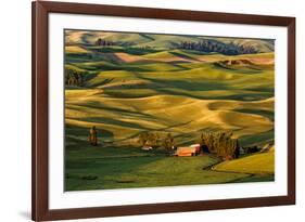 Rolling landscape of wheat fields and distant red barn viewed from Steptoe Butte, Palouse farming r-Adam Jones-Framed Photographic Print