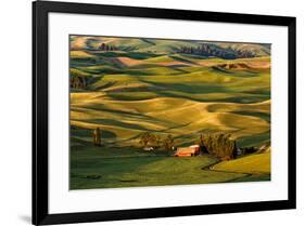 Rolling landscape of wheat fields and distant red barn viewed from Steptoe Butte, Palouse farming r-Adam Jones-Framed Photographic Print