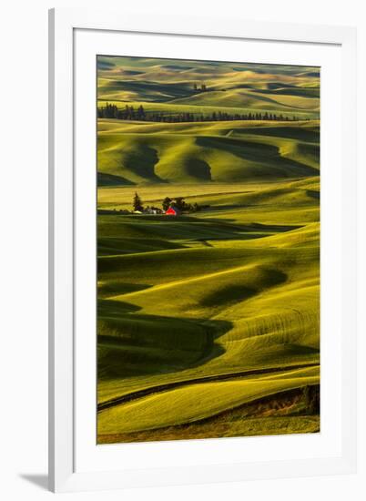 Rolling landscape of wheat fields and red barn viewed from Steptoe Butte, Palouse farming region of-Adam Jones-Framed Photographic Print
