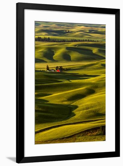 Rolling landscape of wheat fields and red barn viewed from Steptoe Butte, Palouse farming region of-Adam Jones-Framed Photographic Print