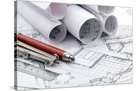Rolls of Architecture Blueprint and Work Tools - Ruler, Pencil, Compass--Vladimir--Stretched Canvas