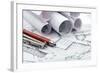 Rolls of Architecture Blueprint and Work Tools - Ruler, Pencil, Compass--Vladimir--Framed Photographic Print