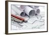 Rolls of Architecture Blueprint and Work Tools - Ruler, Pencil, Compass--Vladimir--Framed Photographic Print