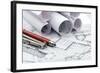 Rolls of Architecture Blueprint and Work Tools - Ruler, Pencil, Compass--Vladimir--Framed Photographic Print