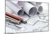 Rolls of Architecture Blueprint and Work Tools - Ruler, Pencil, Compass--Vladimir--Mounted Photographic Print