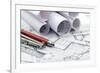 Rolls of Architecture Blueprint and Work Tools - Ruler, Pencil, Compass--Vladimir--Framed Photographic Print