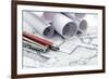 Rolls of Architecture Blueprint and Work Tools - Ruler, Pencil, Compass--Vladimir--Framed Photographic Print