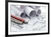 Rolls of Architecture Blueprint and Work Tools - Ruler, Pencil, Compass--Vladimir--Framed Photographic Print