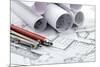 Rolls of Architecture Blueprint and Work Tools - Ruler, Pencil, Compass--Vladimir--Mounted Photographic Print