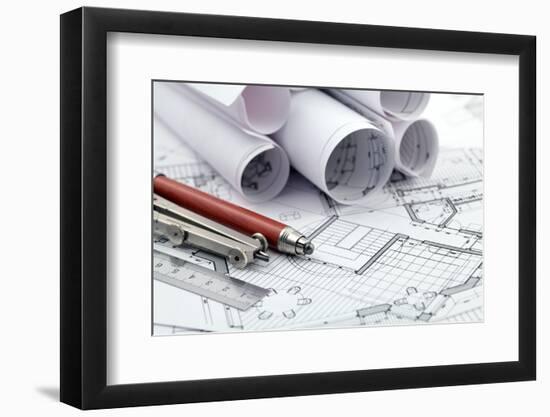 Rolls of Architecture Blueprint and Work Tools - Ruler, Pencil, Compass--Vladimir--Framed Photographic Print